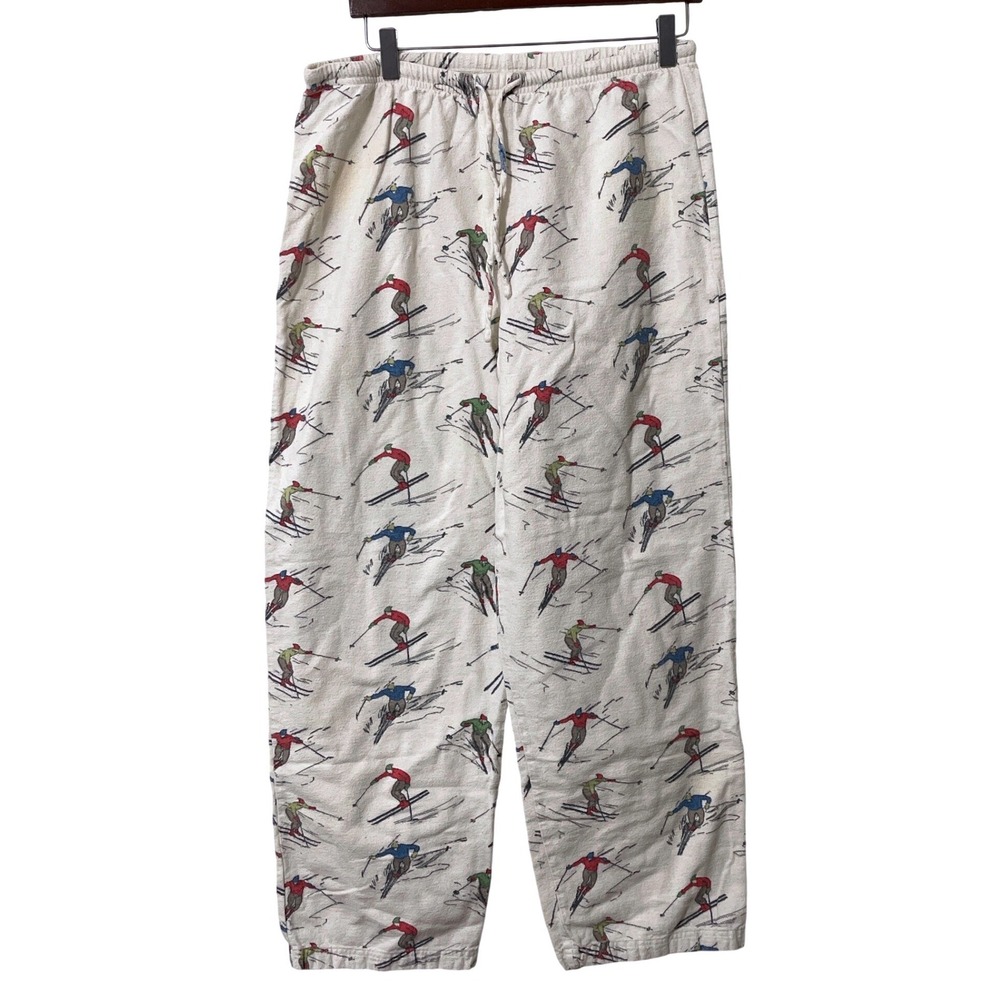 Garnet Hill Ski Print Pajama Pants Small White Flannel Apres Ski Lodge Retro